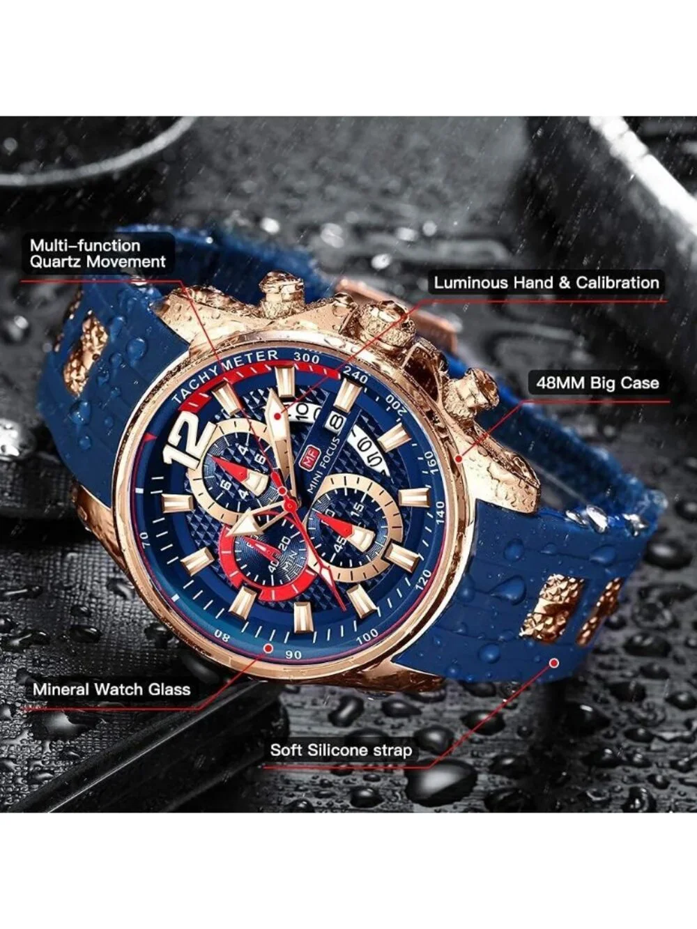 Mens Blue Silicon Band Analog Quartz Chronograph Waterproof Luminous Wrist Watch